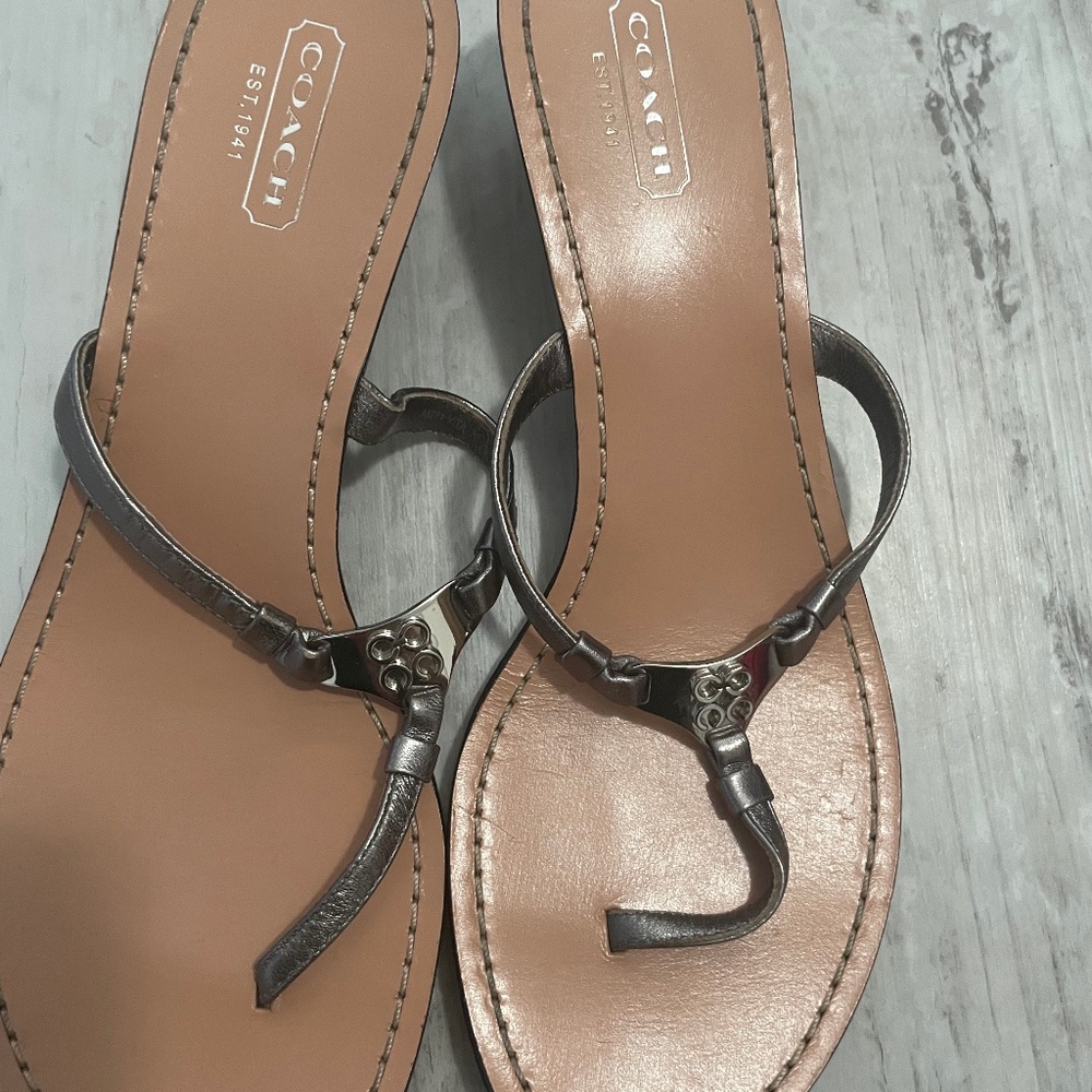 Coach: Vintage Wedge Heel Flip Flops Silver Pewter signature sandals 7